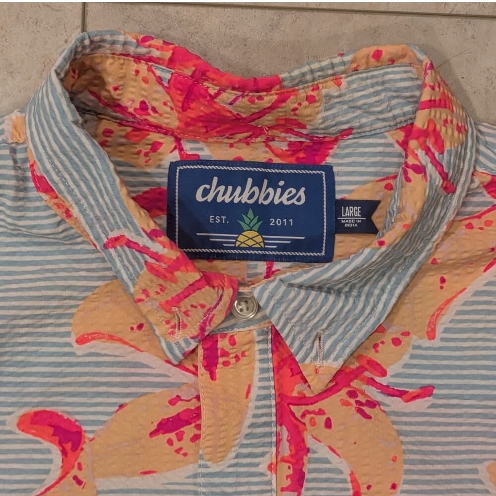 Chubbies Neon Floral Hawaiian Polo Shirt in Pink, Peach & Light Blue Mens Large - Picture 4 of 5